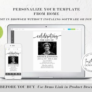 May include: A digital memorial template displayed on a laptop and smartphone. The template features the text "celebrating the life of" above a black and white photo, with the name "Arthur Johnson" and dates. The design includes the text "Personalize Your Template From Home".