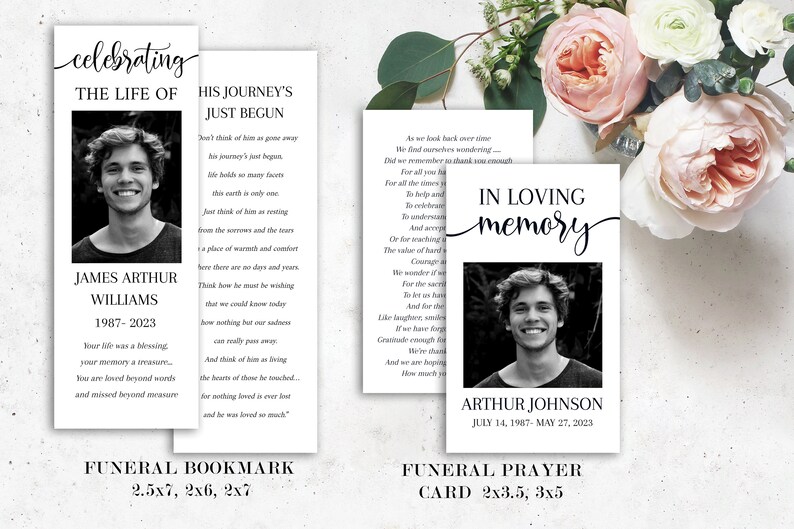 May include: Black and white memorial cards and bookmarks. The cards feature a photo of a young man, the text "In Loving Memory", and dates. The bookmarks include a photo, name, dates, and a poem. Floral arrangement in the background.