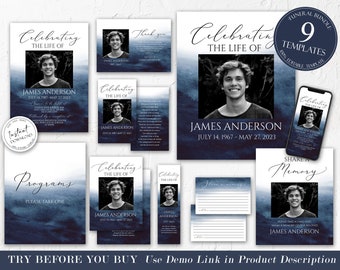 Blue Watercolor Funeral Bundle Templates, Memorial Package, Celebration of Life Package, In Loving Memory Suite, Blue Ocean Funeral Set