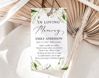 Celebration of life Invitation Funeral Favor Tag Template White Lilies Memorial Candle Favor Tag In Loving Memory Favor Tag Funeral Keepsake