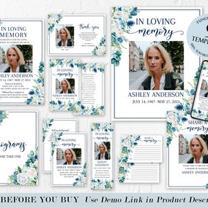 May include: A funeral program bundle with 9 templates. The templates feature a blue and white floral design with a photo of a woman. The text on the templates reads "In Loving Memory" and "Share a Memory".