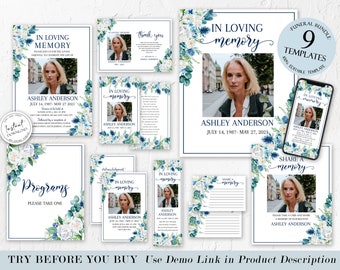 Blue White Floral Funeral Bundle, Memorial Package, Celebration of Life Package, In Loving Memory Suite, Blue Funeral Set, Blue Funeral B1