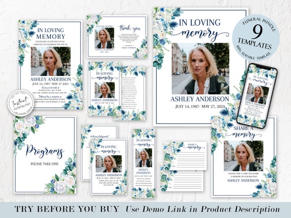 Blue White Floral Funeral Bundle, Memorial Package, Celebration of Life Package, In Loving Memory Suite, Blue Funeral Set, Blue Funeral B1