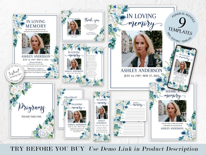 May include: A funeral program bundle with 9 templates. The templates feature a blue and white floral design with a photo of a woman. The text on the templates reads "In Loving Memory" and "Share a Memory".