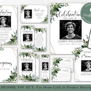 Editable Greenery Gold Funeral Bundle, Memorial Package, Celebration of Life Package, Funeral Templates Suite, Greenery Gold Funeral Set Q1