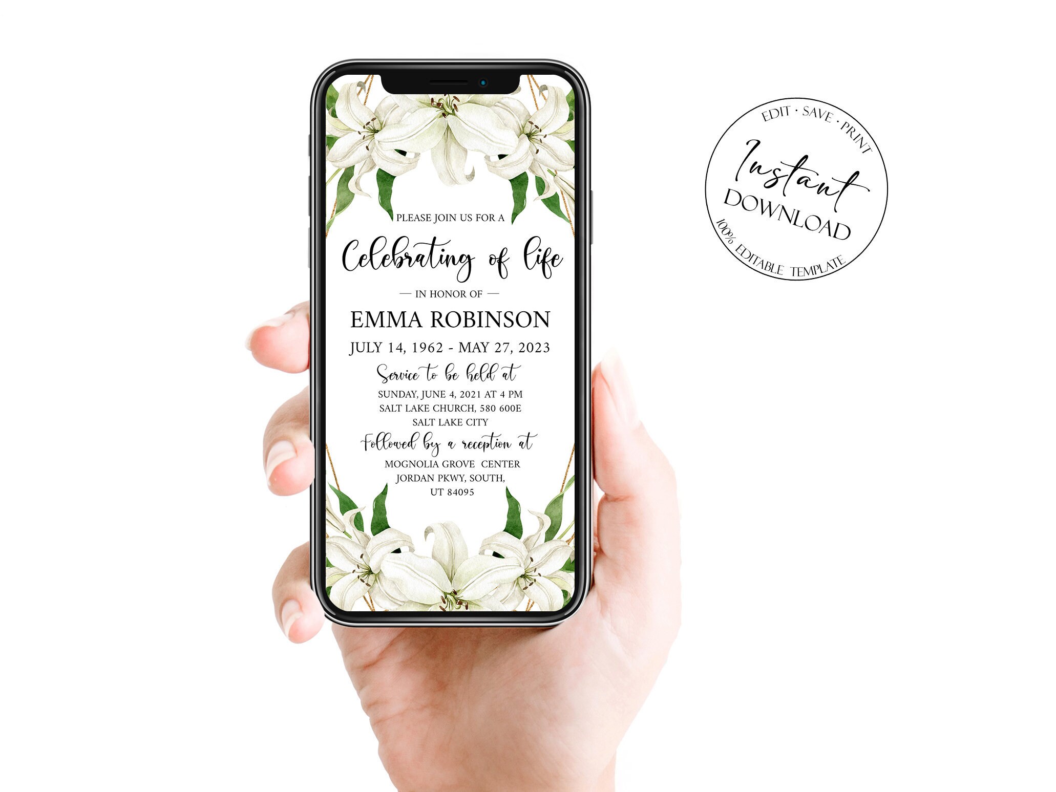 Digital Celebration of Life Invitation White Lilies Memorial Etsy