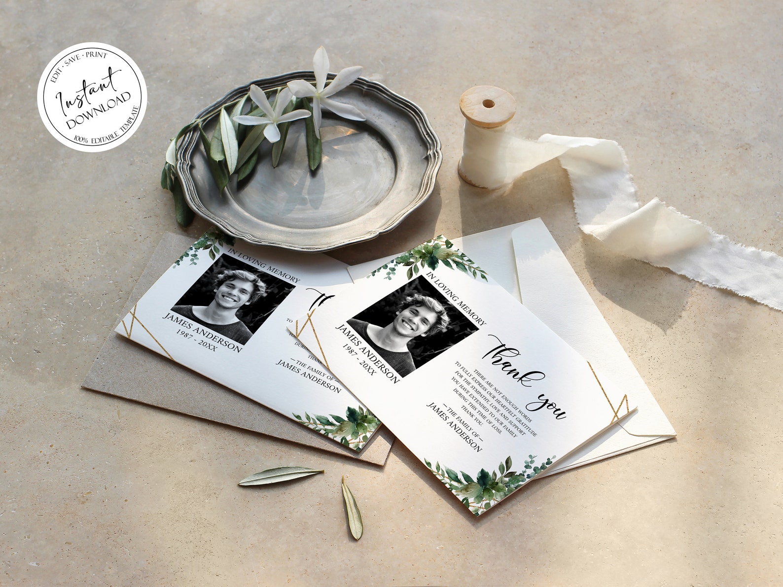 Printable Greenery Gold Funeral Thank You Card Template Celebration of ...