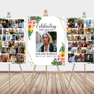 Celebration Of Life Hawaiian Plumeria Funeral Poster Editable Photo Collage Funeral Welcome Sign Template Tropical Funeral Photo Display Set