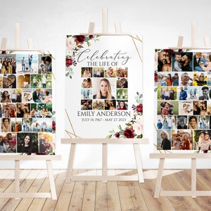 Celebration Of Life Funeral Poster, Editable Red Roses Photo Collage Funeral Sign, Photo Memorial Sign, Funeral Poster Photo Display Set R1