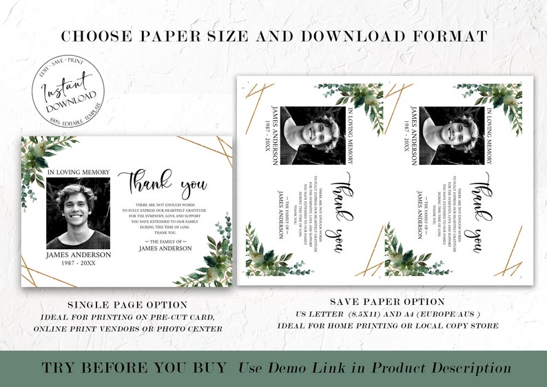 Printable Greenery Gold Funeral Thank You Card Template Celebration of ...