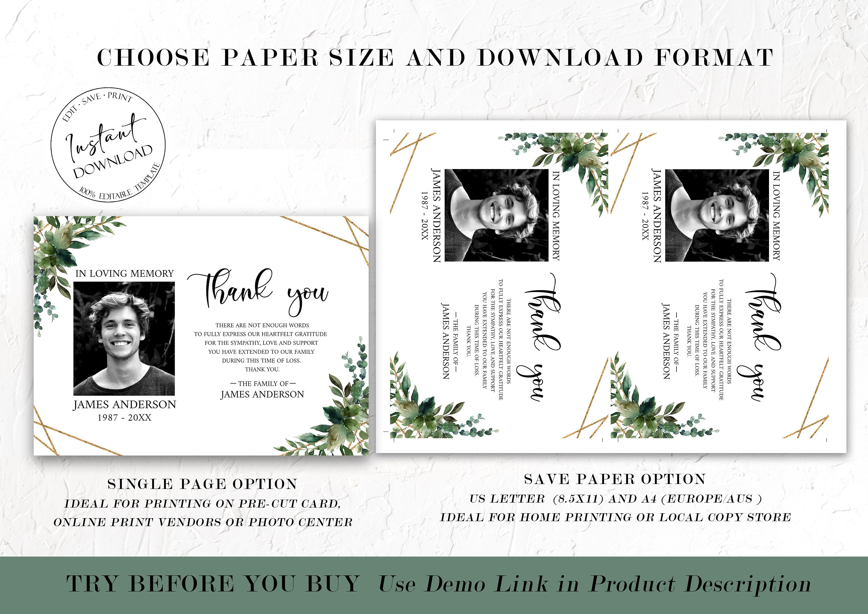 Printable Greenery Gold Funeral Thank You Card Template Celebration of ...