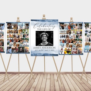 Celebrazione della vita Collage di foto ad acquerello blu Cartelli di benvenuto per funerali Cartello commemorativo modificabile Poster funebre blu Display per foto Set di 5 B4