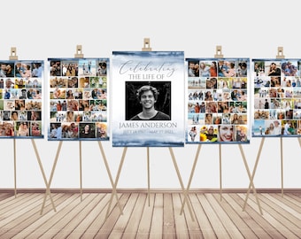 May include: Five easel stands displaying a collage of photos in a blue and white frame. The center frame has a larger photo of a man and the text "Celebrating the life of James Anderson July 14, 1967 - May 27, 2023".
