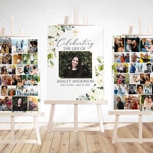 Celebration Of Life Funeral Poster, White Greenery Gold Cross Collage Funeral Welcome Sign, Photo Memorial Sign, Funeral Photo Display Set