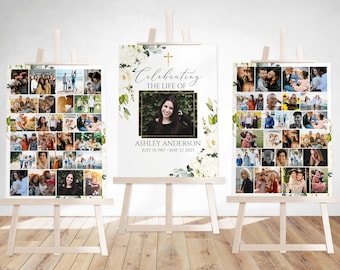 Celebration Of Life Funeral Poster, White Greenery Gold Cross Collage Funeral Welcome Sign, Photo Memorial Sign, Funeral Photo Display Set