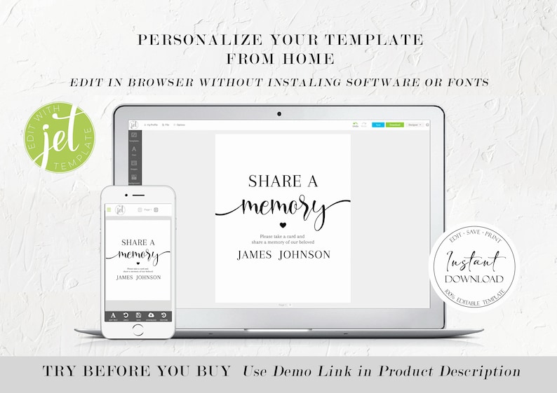 Op de afbeelding: Een mockup van een laptop en een smartphone waarop een printbaar "Share a Memory" bord wordt weergegeven met de tekst "Share a memory" en "James Johnson". Het bord is een sjabloon dat online kan worden bewerkt. De tekst "Direct downloaden" is zichtbaar op een witte cirkel met een groene rand.