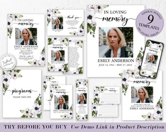 Editable Purple Floral Funeral Bundle, Memorial Package, Celebration of Life Package, In Loving Memory Suite, Purple Floral Funeral Set P3