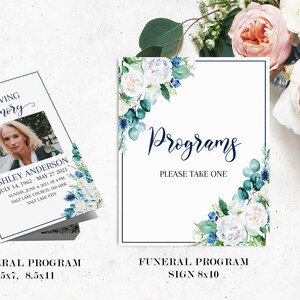 May include: Two funeral program templates with a watercolor floral design in shades of blue and white. The larger template is 8x10 inches and says "Programs Please Take One". The smaller template is 5x7 inches and 8.5x11 inches and includes a photo placeholder and space for the deceased's name and dates.