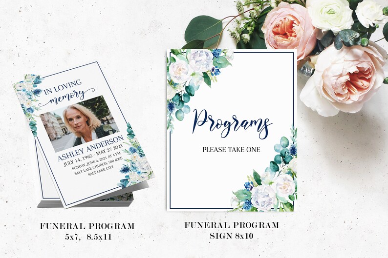May include: Two funeral program templates with a watercolor floral design in shades of blue and white. The larger template is 8x10 inches and says "Programs Please Take One". The smaller template is 5x7 inches and 8.5x11 inches and includes a photo placeholder and space for the deceased's name and dates.