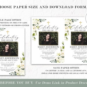 Pu&ograve; includere: Un modello di biglietto commemorativo stampabile con un design floreale bianco e una croce dorata. La carta presenta una foto di una donna e il testo "Celebrating the Life of Emily Anderson July 14, 1987 - May 27, 2023".