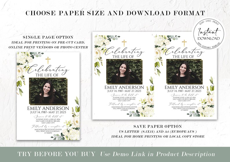 Pu&ograve; includere: Un modello di biglietto commemorativo stampabile con un design floreale bianco e una croce dorata. La carta presenta una foto di una donna e il testo "Celebrating the Life of Emily Anderson July 14, 1987 - May 27, 2023".