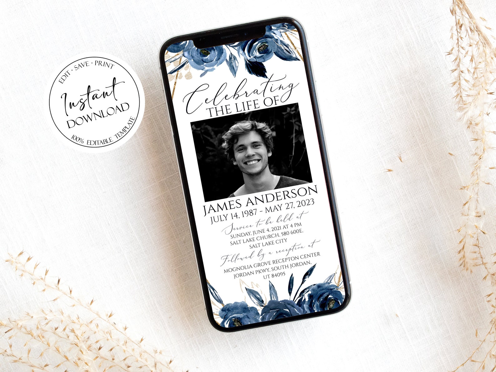 Celebration of life Invitation Blue Digital Funeral Etsy