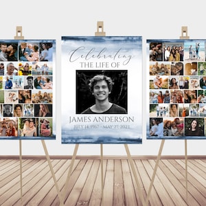 Poster funebre Celebration Of Life Collage di foto ad acquerello blu Cartello di benvenuto funebre Cartello commemorativo Poster funebre blu Display per foto B4