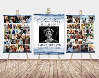 May include: Three photo collage posters on easels, celebrating the life of James Anderson. The center poster features a black and white portrait of James, with the text "Celebrating the Life of James Anderson, July 14, 1967 - May 27, 2023". The side posters feature a collage of photos of James with family and friends.