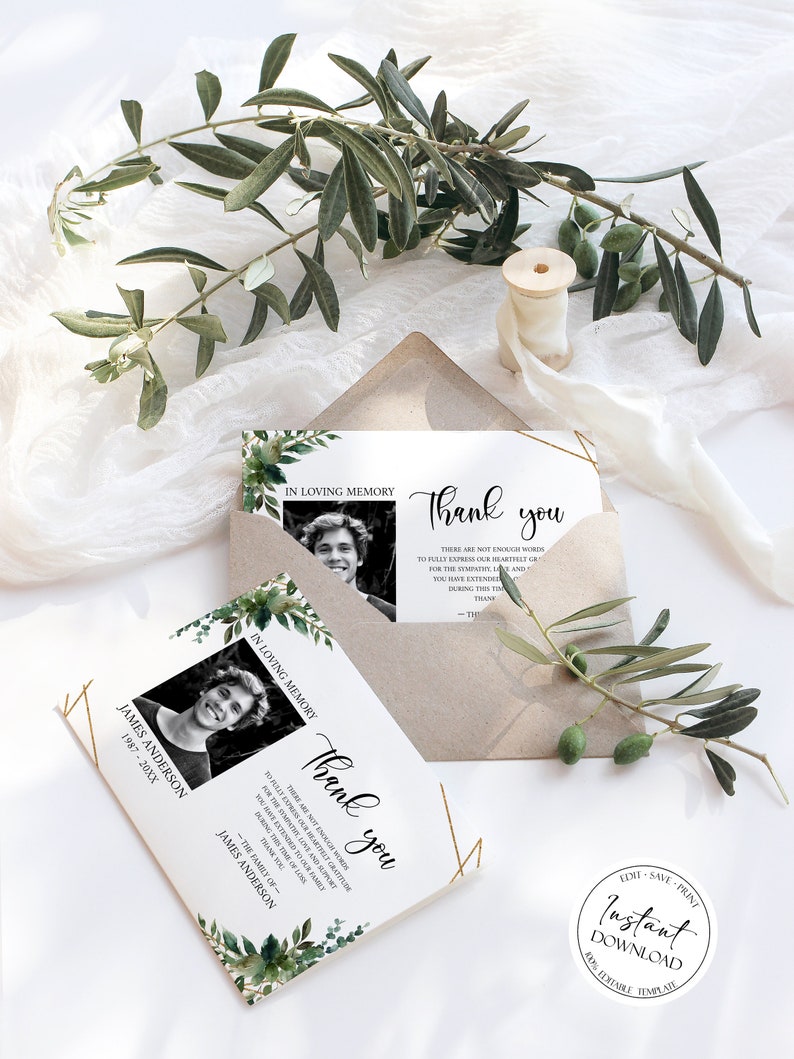 Printable Greenery Gold Funeral Thank You Card Template Celebration of ...