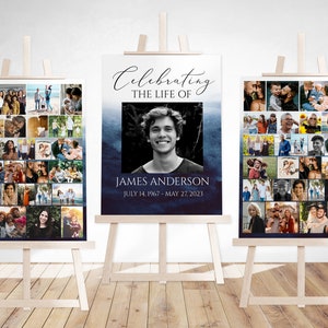 Celebration Of Life Funeral Poster Blue Watercolor Photo Collage Funeral Welcome Sign, Memorial Sign, Ocean Funeral Poster Photo Display Set