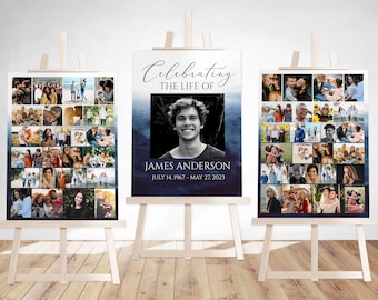 Celebration Of Life Funeral Poster Blue Watercolor Photo Collage Funeral Welcome Sign, Memorial Sign, Ocean Funeral Poster Photo Display Set