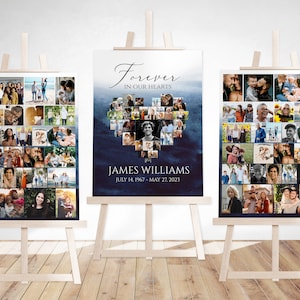 May include: Three wooden easels displaying photo collages on canvas. The center canvas features a heart-shaped collage of photos with the text "Forever in Our Hearts" above and "JAMES WILLIAMS JULY 14, 1967 - MAY 27, 2023" below. The side canvases feature a grid of photos.