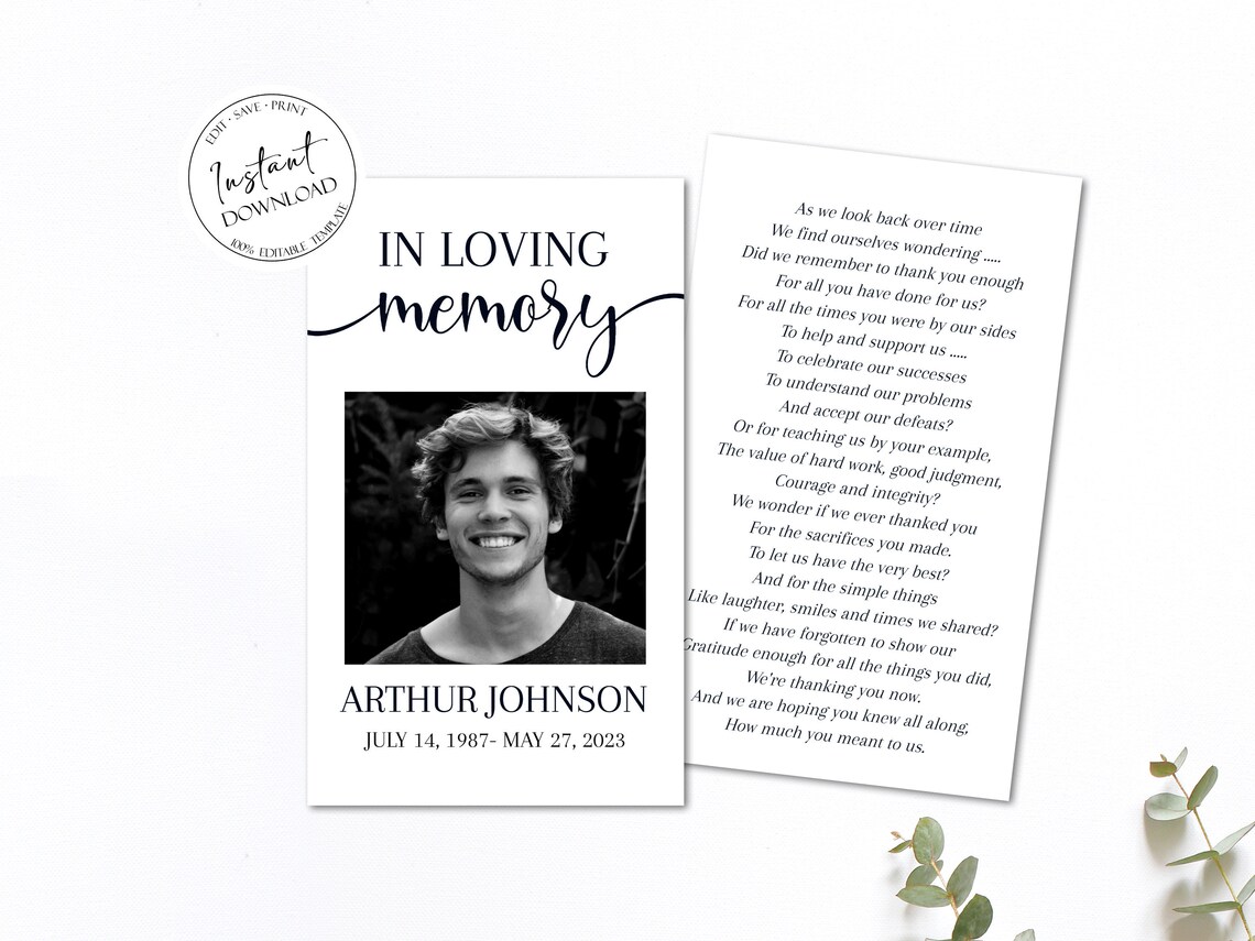 Editable Funeral Prayer Card Template Printable Memorial Etsy