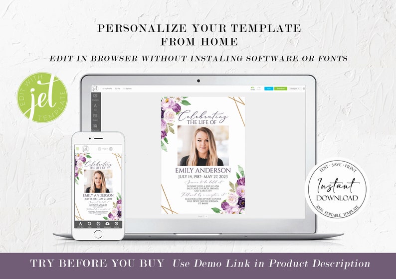 May include: A digital mockup of a customizable template for a memorial service announcement. The template features a purple floral design with a gold geometric frame. The text "Celebrating the Life of" is displayed above a photo placeholder. The text "Emily Anderson" is displayed below the photo placeholder, along with the dates "July 14, 1987 - May 27, 2023". The text "Instant Download" is displayed in a circle on the right side of the screen.