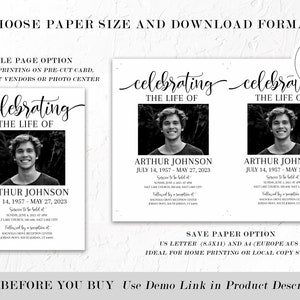 May include: Black and white memorial card template with the text "Celebrating the Life Of" above a photo of Arthur Johnson. Includes dates July 14, 1957 - May 27, 2023, and service details. Options for US Letter and A4 paper sizes.