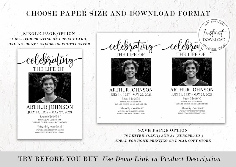 May include: Black and white memorial card template with the text "Celebrating the Life Of" above a photo of Arthur Johnson. Includes dates July 14, 1957 - May 27, 2023, and service details. Options for US Letter and A4 paper sizes.