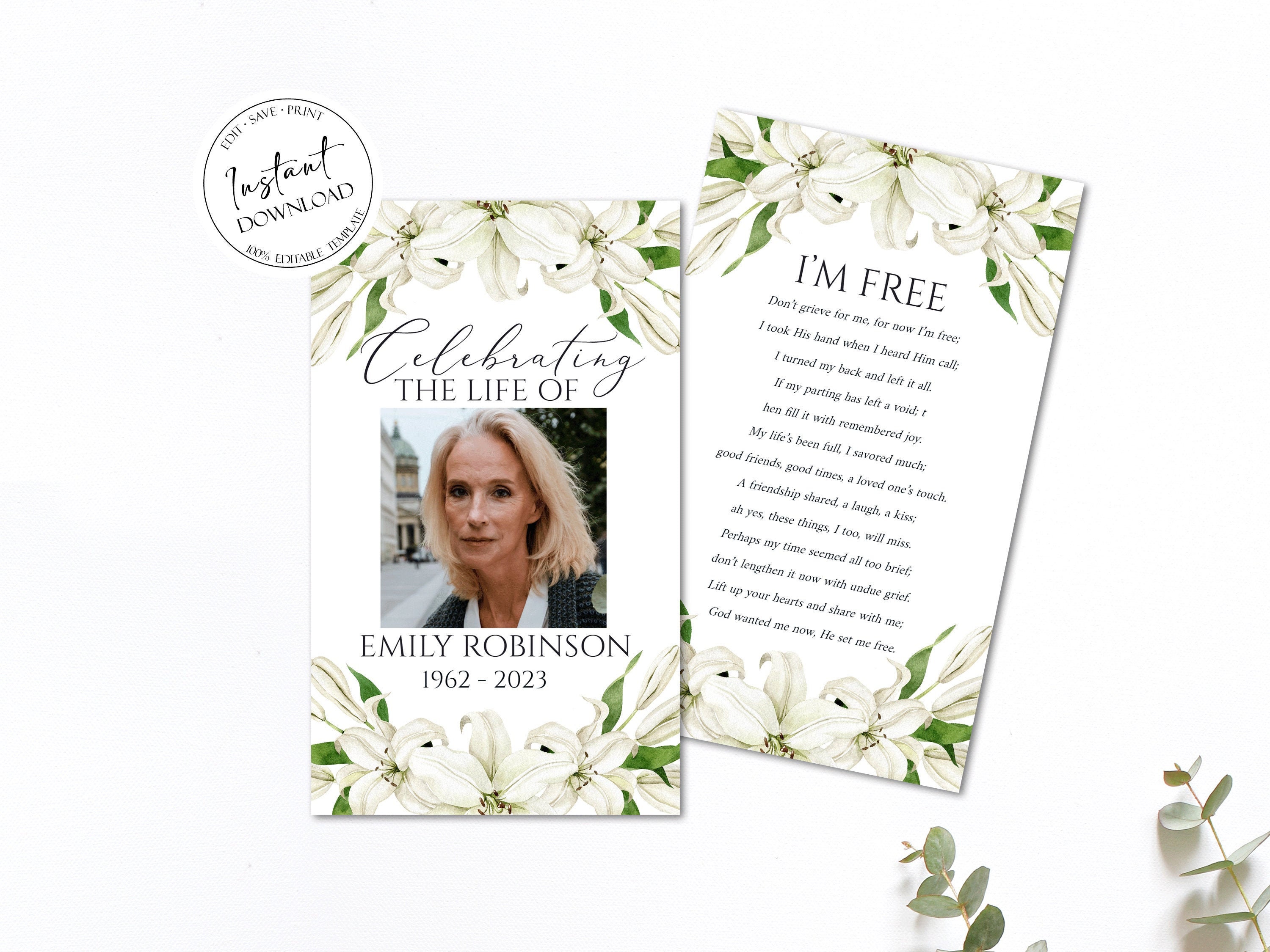 White Lilies Funeral Prayer Card Memorial Prayer Card - Etsy