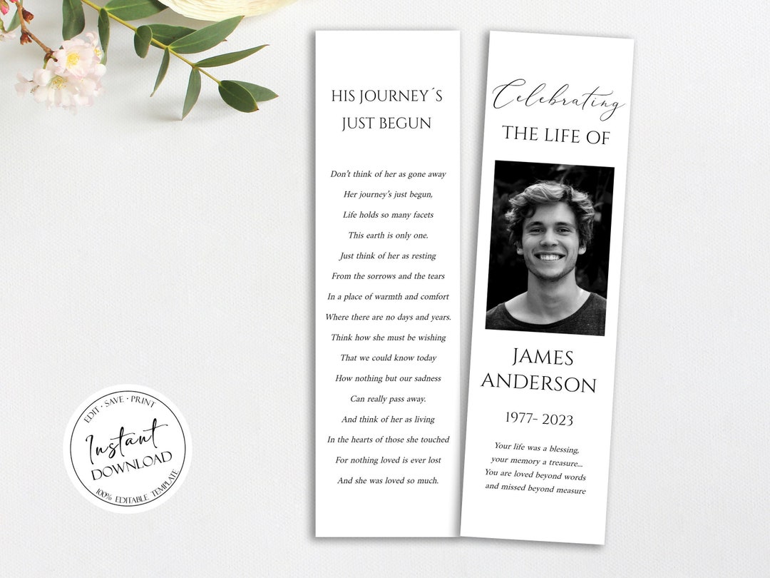 Simple Funeral Bookmark Template, Celebration of Life Bookmark, Funeral