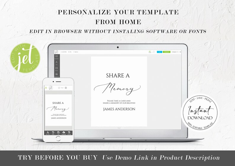 May include: A mockup of a laptop and a smartphone displaying a printable "Share a Memory" template for a memorial service. The template is white with black text and a cursive font. The text reads "Share a Memory" and "Please take a card and share a memory of our beloved James Anderson". The laptop screen also shows a "Save, Edit, Print" button with the text "Instant Download".