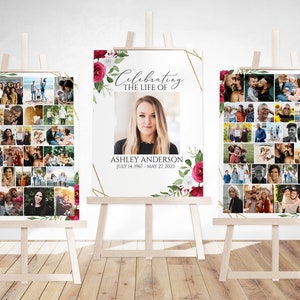 Celebration Of Life Funeral Poster, White Pink Roses Photo Collage Funeral Welcome Sign Photo Memorial Poster, Funeral Photo Display Set  P2