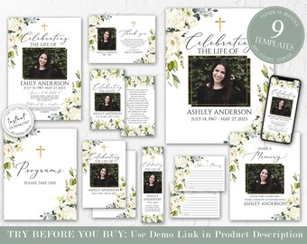 Editable White Greenery Floral Funeral Bundle Set, Gold Cross Memorial Package, Celebration of Life Package In Loving Memory Suite Templates