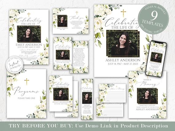 Editable White Greenery Floral Funeral Bundle Set, Gold Cross Memorial Package, Celebration of Life Package In Loving Memory Suite Templates