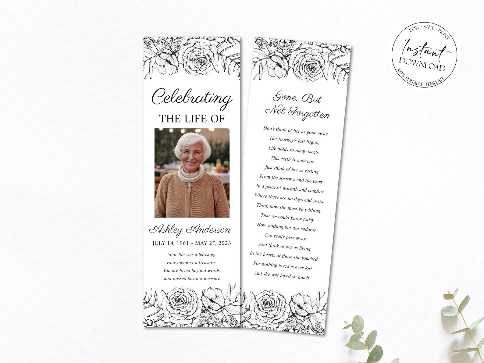 Simple Funeral Bookmark Template Celebration of Life Etsy