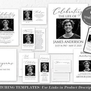 May include: A set of nine printable funeral templates in black and white. The templates feature a photo of a man and the text "Celebrating the Life of James Anderson". The templates are designed to be used for a funeral service or memorial.