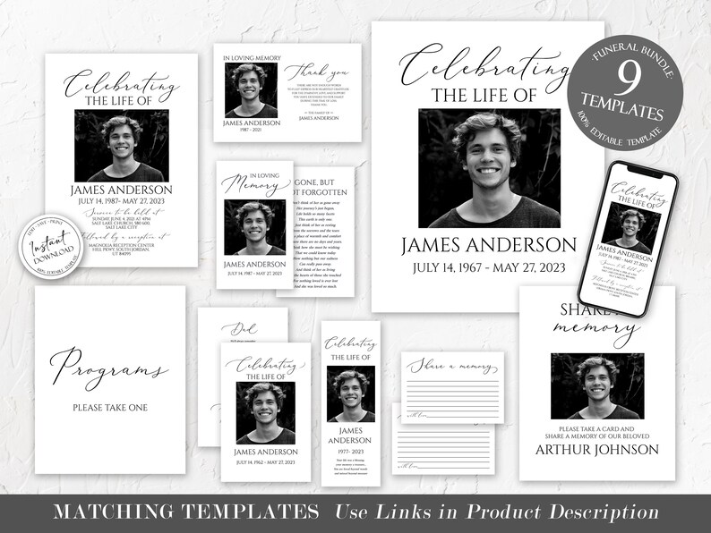 May include: A set of nine printable funeral templates in black and white. The templates feature a photo of a man and the text "Celebrating the Life of James Anderson". The templates are designed to be used for a funeral service or memorial.