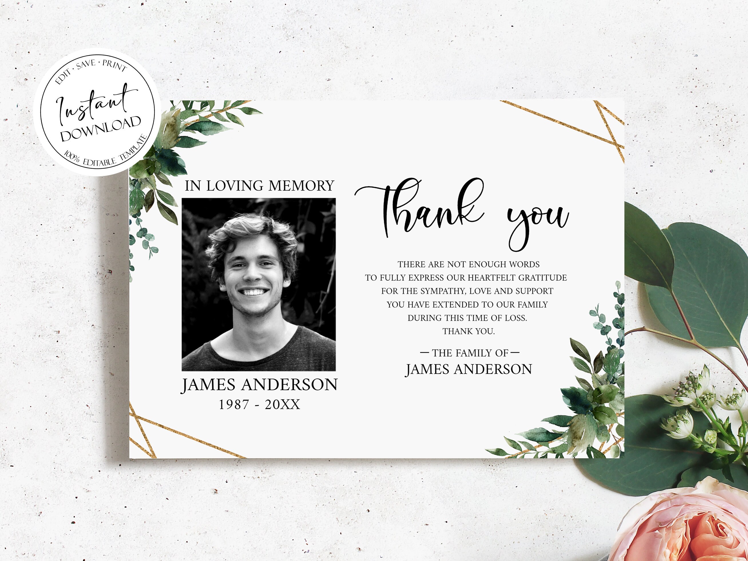Printable Greenery Gold Funeral Thank You Card Template Celebration of ...