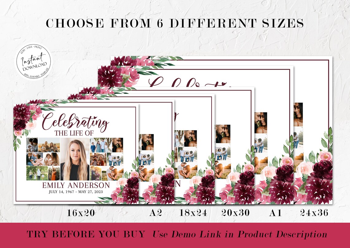 Multiple Funeral Celebration of Life Multiple Photos Funeral Welcome Sign, Editable Red ...