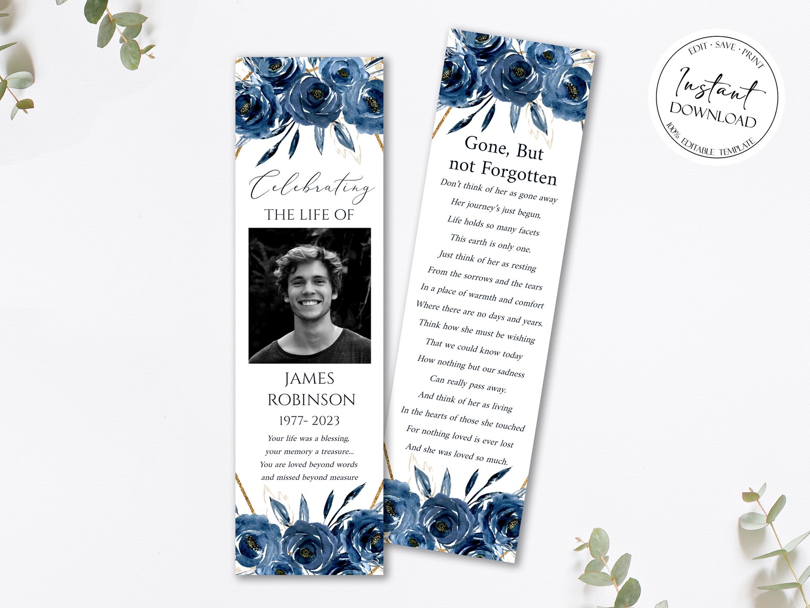 Blue Funeral Bookmark Template Celebration of Life Bookmark Etsy