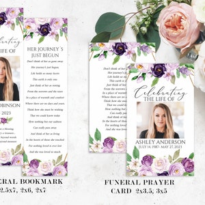 May include: Two funeral bookmark and prayer card templates with floral designs. The bookmarks are 2.5x7, 2x6, 2x7 inches. The prayer cards are 2x3.5, 3x5 inches. Both feature a photo placeholder, text, and purple and white flowers.