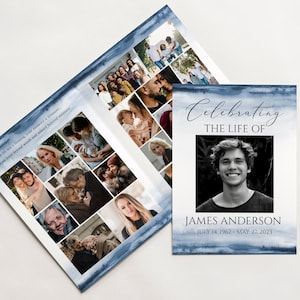 Modelo de programa funerário de 8 páginas para celebração da vida, programa memorial em aquarela azul, livreto funerário azul, modelo de programa de obituário azul B4